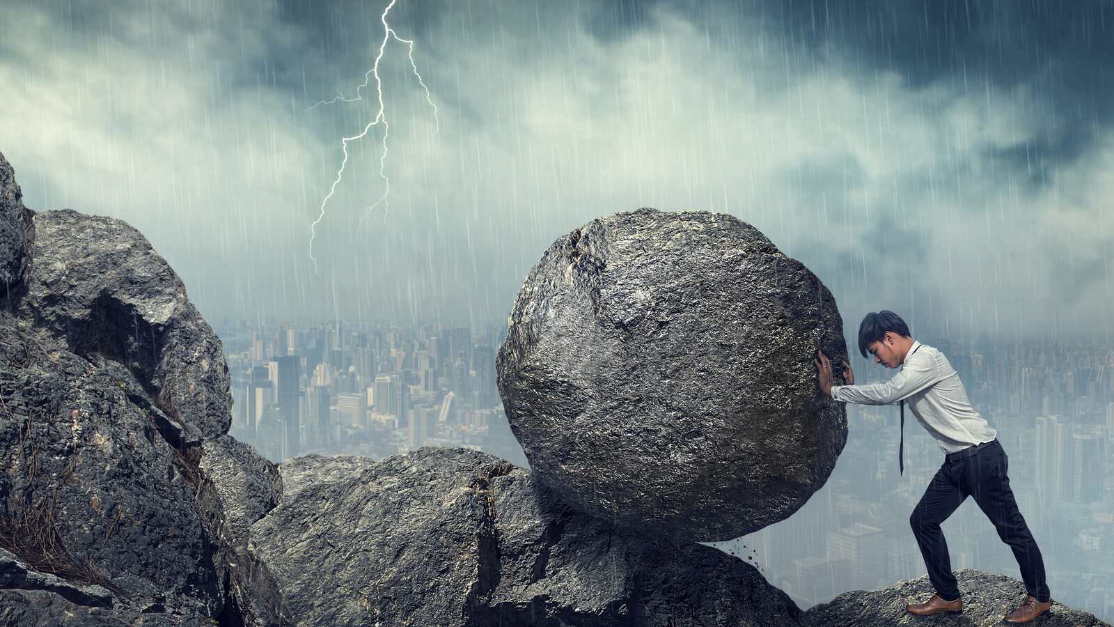 Business Man Pushing Large Stone Up Hill Business Heavy Tasks Problems Concept Min